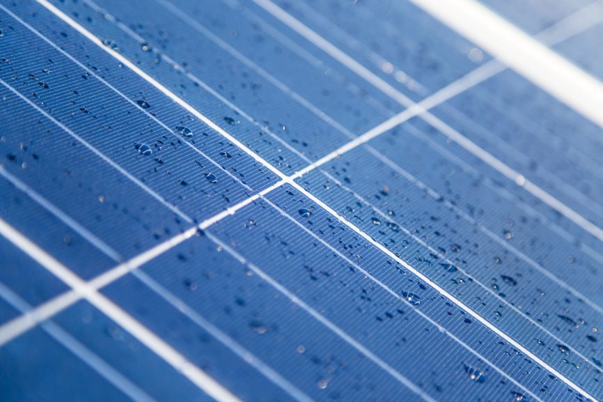 Water droplets on solar glass panel installed by First Solar installers